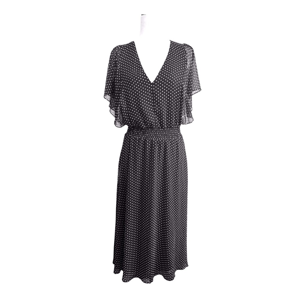 DKNY Women's Polka Dot Flutter Sleeve Smocked Waist Dress Navy White Size 10